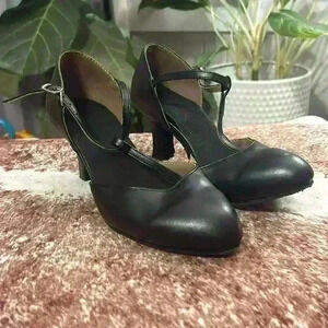 Black T-strap Ballroom Dance Shoes Natalie Dancewear Sz 6.5 Suede Sole‎